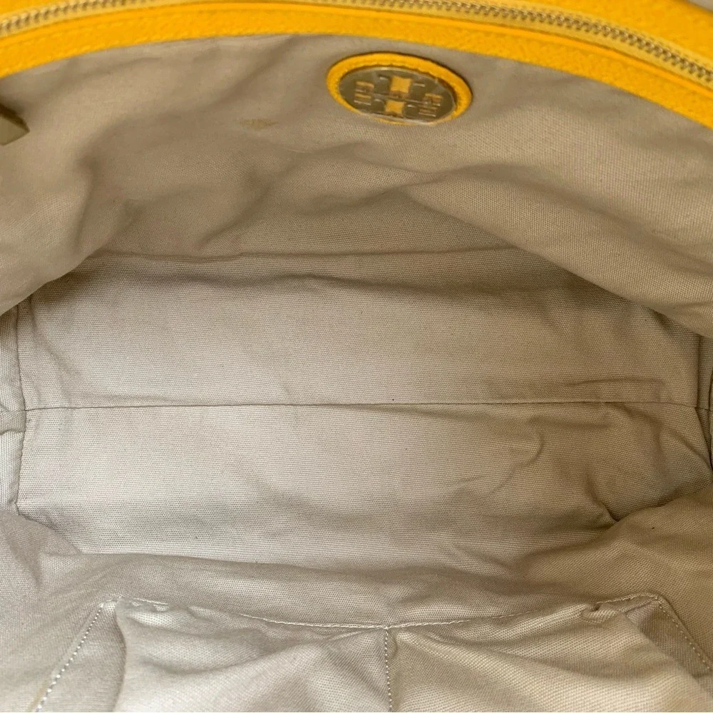 TORY BURCH. Yellow Leather Pebbled Roslyn‎ bag w/ stripes & a Logo accent.